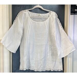 Symple nyc Womens L White 100% Linen Embroidery Sheer Sleeves BOHO Blouse